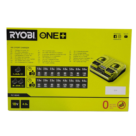 Ryobi RC18240 - chargeur double 18 V ONE+™ (sans batteries), rapide et compact