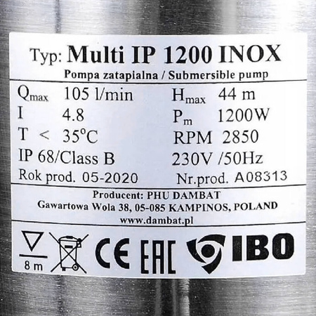 IBO Multi IP 1200 INOX – Pompe submersible puissante 230V pour l’irrigation et le drainage