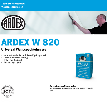 ARDEX W 820 Superfinish Enduit manuel/pulvérisable/rouleau 25 KG