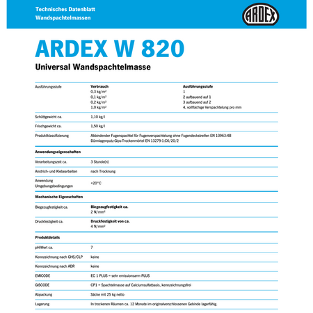 ARDEX W 820 Superfinish Enduit manuel/pulvérisable/rouleau 25 KG