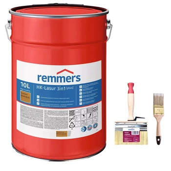 Remmers HK-Lasur Plus 3en1 Pin/mélèze 10 L + pinceaux – kit prêt à peindre