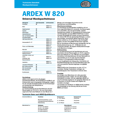 ARDEX W 820 Superfinish Enduit manuel/pulvérisable/rouleau 25 KG